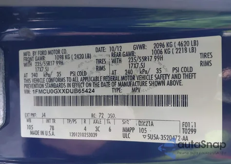 2013 Ford Escape Se z USA, uszkodzony, nr VIN 1FMCU0GXXDUB65424